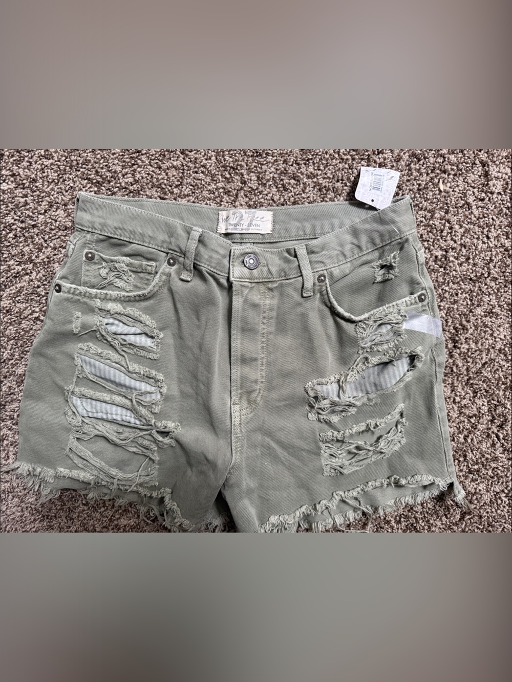 Free People Distressed Olive Green High-Rise Denim Shorts